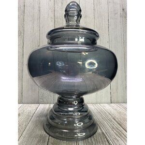 Vintage Smoky Blue Iridescent Glass Apothecary Jar 9.5" Tall with Lid MCM Decor